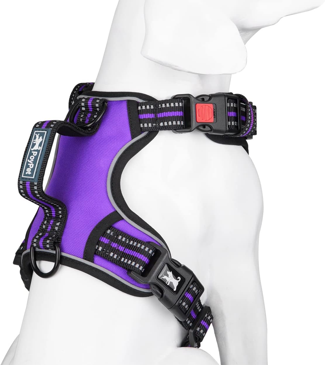 PoyPet No Pull Dog Harness, No Choke Front Clip Reflective Dog Vest with Soft Padded Vertical Handle, 3 Leash Attachments for Small Medium Large Dogs (Purple,XL)