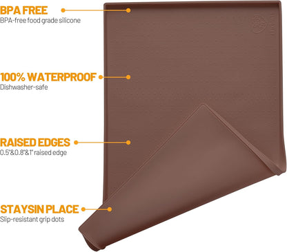 Hubulk Dog Feeding Mat,100% Waterproof Food Grade Silicone Pet Food and Water Bowl Placemat,Dishwasher, High Raised Edge to Prevent Spills,Nonslip Tray to Stop Messes on Floor（19"x12"x0.5", Brown）