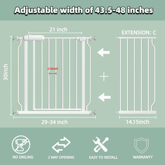 TSAYAWA Walk Through Baby Gate with Door, 43.5-48 Inch Wide Presure Mounted No Drill Metal Auto Close Child Gate for Stair Doorway - Indoor Outdoor Safty Gate for Toddler Dog Doggie, White