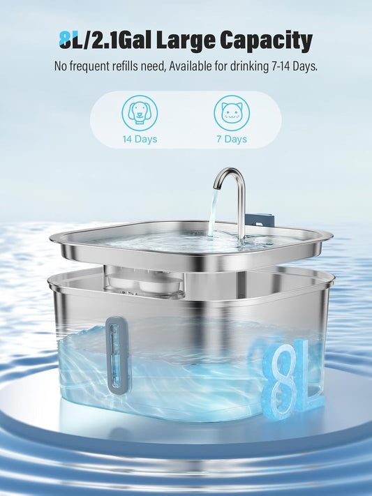 Dog Water Fountain for Large Dogs, 8L/2.1Gal Stainless Steel Pet Water Fountain with Water Level Window, Automatic Dog Water Bowl Dispenser for S-L Dogs and Multi-Pets