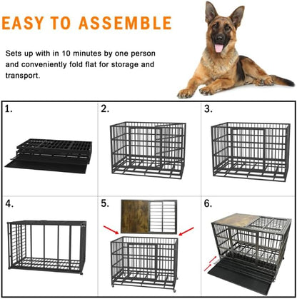 54/48/42/38 Inch Heavy Duty Funiture Dog Crate with Wheels, Indestructible and Escape Proof Wooden Kennel Indoor for High Anxiety Dogs with Double Door and Tray, Extra Large XL XXL