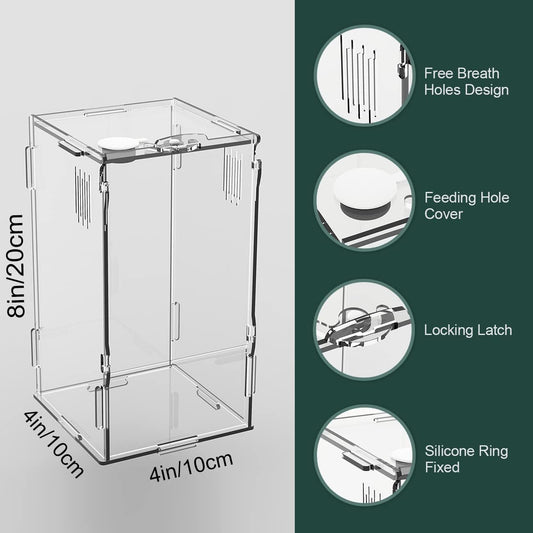 BETAZOOER Acrylic Mini Reptile Tank Habitat Transparent Terrariums with Locking Latch Suitable for Tarantula Isopod Roach Invertebrates (4''x4''x8'')