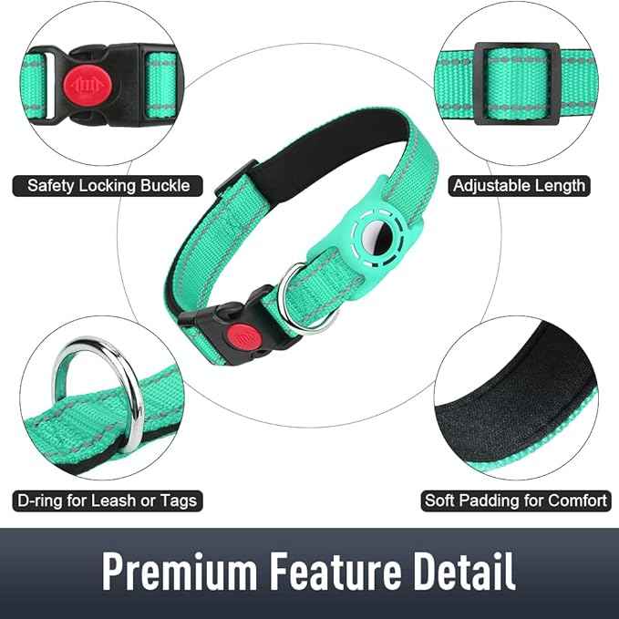 AirTag Dog Collar with AirTag Holder Compatible for Air Tag, Reflective Soft Padded, Safety Locking Buckle, Adjustable Nylon for Small Medium Large Dogs (Teal,S)