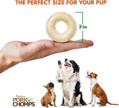 Pork Chomps Pressed Pork Skin Dog Chews, 2.5-inch Rings, Real Chicken, 8 Count