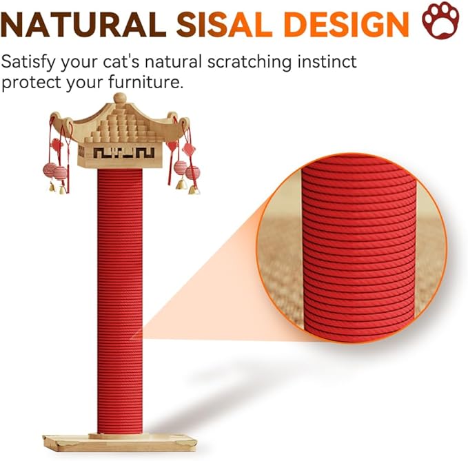 Premium Natural Hemp Tall Pagoda Cat Scratcher, Durable Cat Scratching Post for Indoor Cats, Stable Climbing Pole, Furniture Protector, Cat and Kitten Play Tower and Activity Center