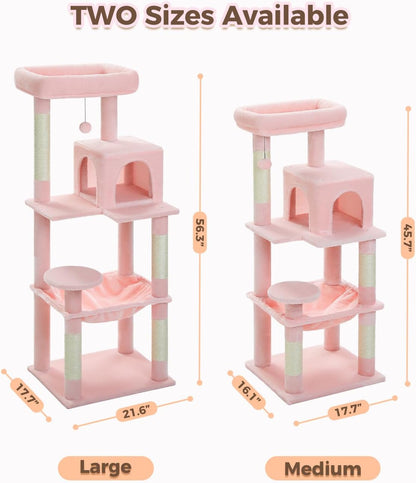 Cat Tree for Large Cats Adult with Metal Plush Big Hammock, 56.3" Cat Tower with 2 Door Condo House, 6-Tier Cat Shelves with Scratching Posts and Large Top Perch, Light Pink