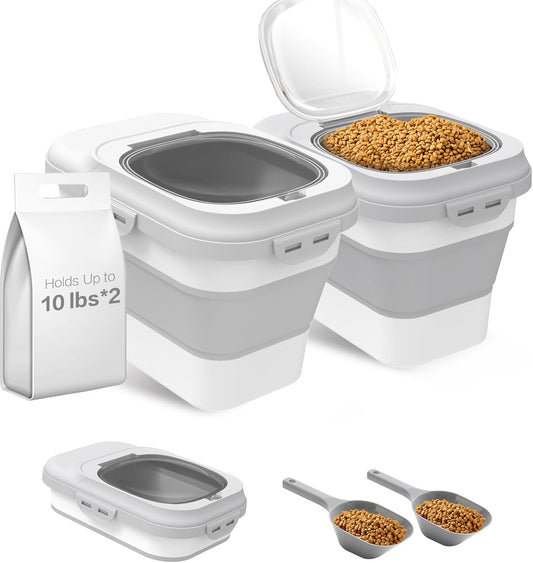 ANVS 2 Pack Dog Food Storage Container - Collapsible Cat Food Container with Airtight Lids, and Scoop,Dry Food For Dog, Cat and Other Pet Food (Grey, 10 lbs)