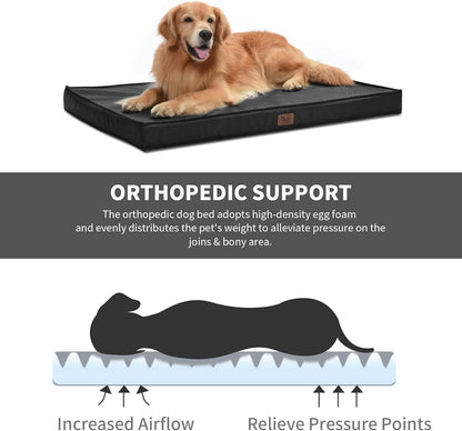 Outdoor Extra Large Dog Crate Bed, Big Waterproof Dog Bed for Large Dogs, Orthopedic Egg Foam Pet Bed Mat with Removable Cooling Cover, Black
