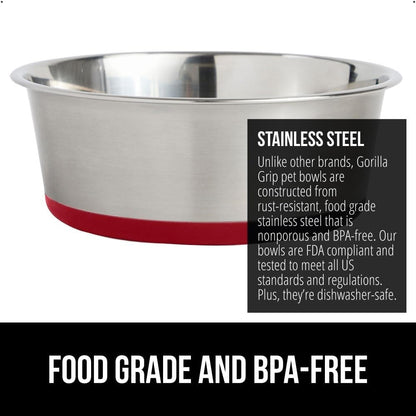 GORILLA GRIP Set of 2 Dog Bowls, Heavy Duty Metal Food and Water Bowl for Feeding Dogs and Cats, Dishwasher Safe, Rust Resistant Stainless Steel, BPA Free Rubber Base, Holds 2 Cups (16 fl oz), Red