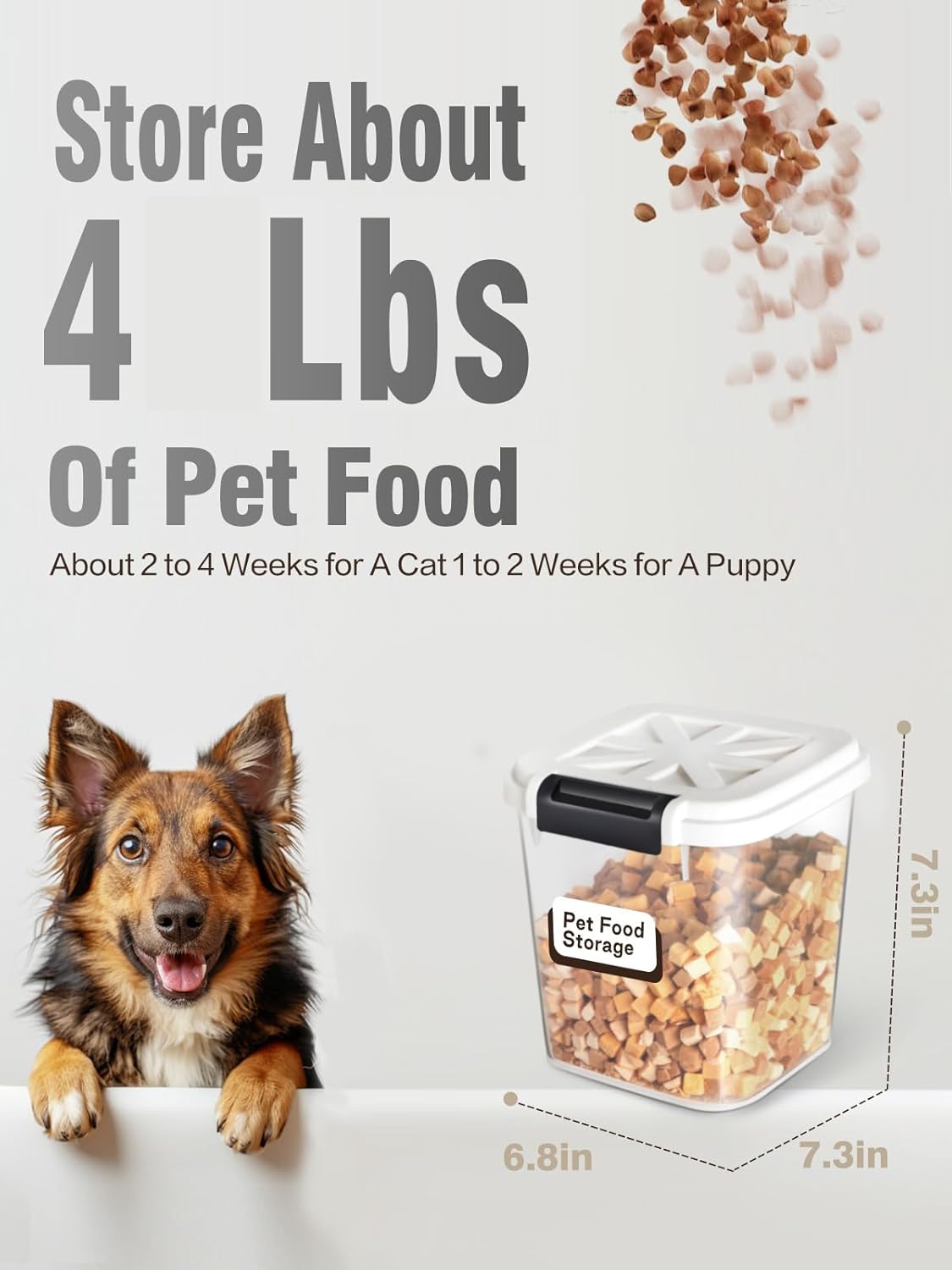 Pet Food Storage Container, 5 lbs Dog Cat Treat Storage Bin with Lid, Dry Food Storage for Dog Treats, Cat Food, Cereal, Rice, Birds (4 lbs) - White