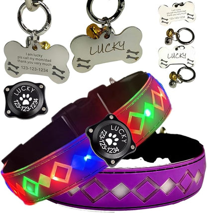 LED Dog Collar with AirTag Holder and Custom ID Tag, 15 Light Modes, Waterproof, Multiple Colors (PURPLE Pro, S(7.87-11.8"))