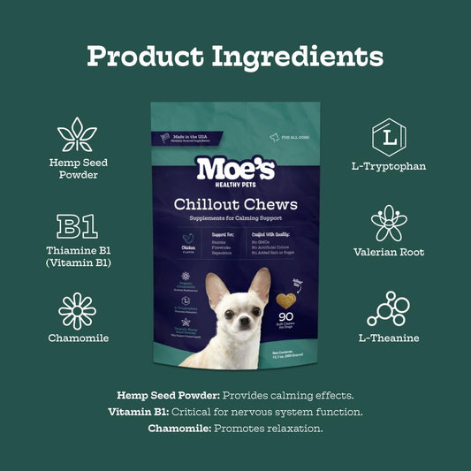 Moe’s Calming Chews for Dogs 90ct – Natural Anxiety Relief with Hemp, Chamomile, and Tryptophan – Calming Dog Treats for Separation, Fireworks, Travel and Storms (Chicken)
