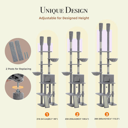 PAWZ Road Tall Cat Tree, Floor to Ceiling Cat Tower with Adjustable Height(85-112 Inches), 7 Tiers Climbing Tower with Cozy Hammocks, 5 Platforms and Scratching Posts for Indoor Cats-Gray