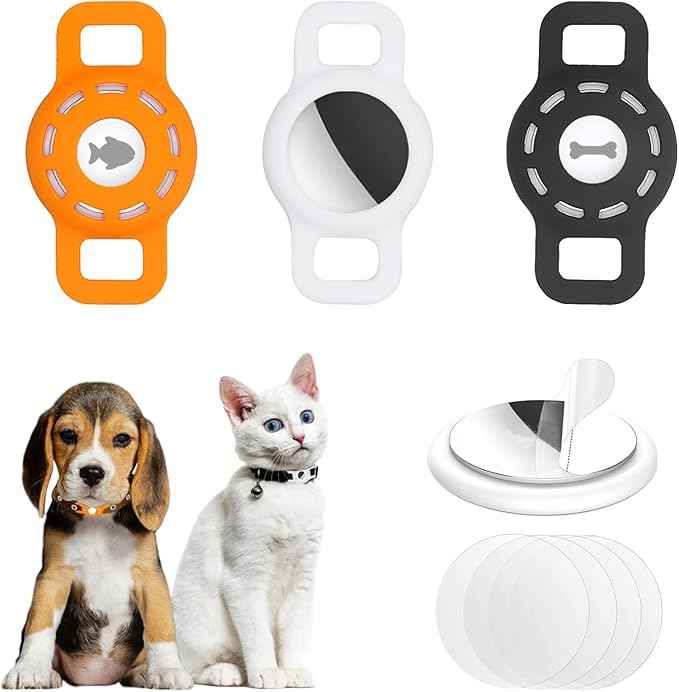 3-Pack AirTag Cat Collar Holder for Apple AirTag 2021, Silicone Air Tag Protective Case for Puppy Dog Collar with Screen Protectors - Black & Orange & White