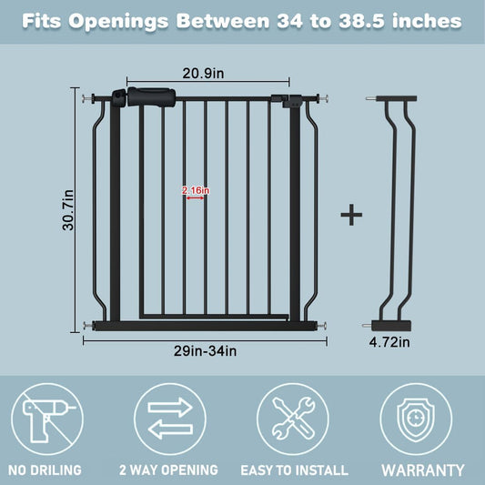 Extra Wide Baby Gate Black 34-38.5 Inch Wide Walk Through Pressure Mounted No Drill Long and Large Tension Metal Gate for Dog and Toddler