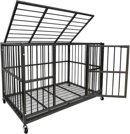 54/48/42/38 Inch Heavy Duty Dog Crate Cage with Wheels, Indestructible and Escape Proof Steel Kennel Indoor for High Anxiety Dogs with Sturdy Locks, Double Door and Tray, Extra Large XL XXL