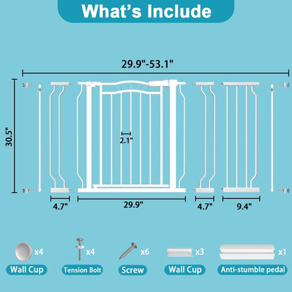 Extra Wide Baby Gate for Doorways 29.9"-53.1", Pressure Mounted Dog Gates With Door, Child Safety Barrier Walk Thru Indoor, Large Babygate Long for Kids Toddler Pet Outside, 30 In Tall White