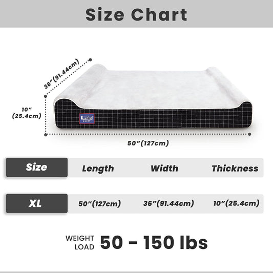 Laifug Orthopedic Memory Foam Extra Large Dog Bed with Pillow and Durable Water Proof Liner & Removable Washable Cover & Smart Design (Jumbo (50"x36"x10"), Black Grid Gray)