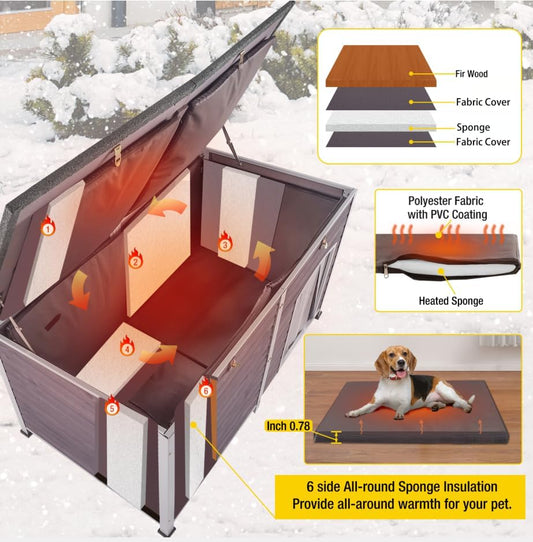 Aivituvin Large Dog House with Insulated Liner for Outdoor, Waterproof Outsides Heated Dog Kennel for Small Medium Large Dog with All-Around Iron Frame