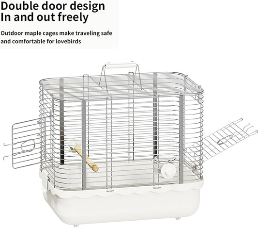 Bird Carrier Travel Cage, Durable Portable Stainless Steel Birdcage with Bird Perch & Feeding Bowl for Parrots Canaries Budgies Lovebirds Conures Cockatiels (Large White)