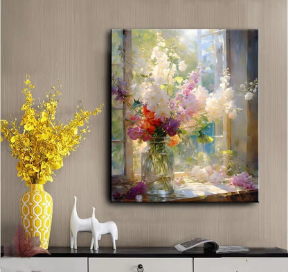 Colorful Flower Framed Canvas Wall Art, Watercolor Floral Bathroom Wall Decor, Spring Nature Wall Painting, Multicolor Botanical Art Print for Living Room, Bedroom, Office - 12X15