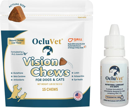 Bundle Eye Supplements for Dogs & Cats | Vision Chews with Omega-3 for All Ages - Includes 15 Chicken Liver Flavored Chews & Pet Eye Drops, 16 mL | Antioxidants & 2% NAC for Cataracts