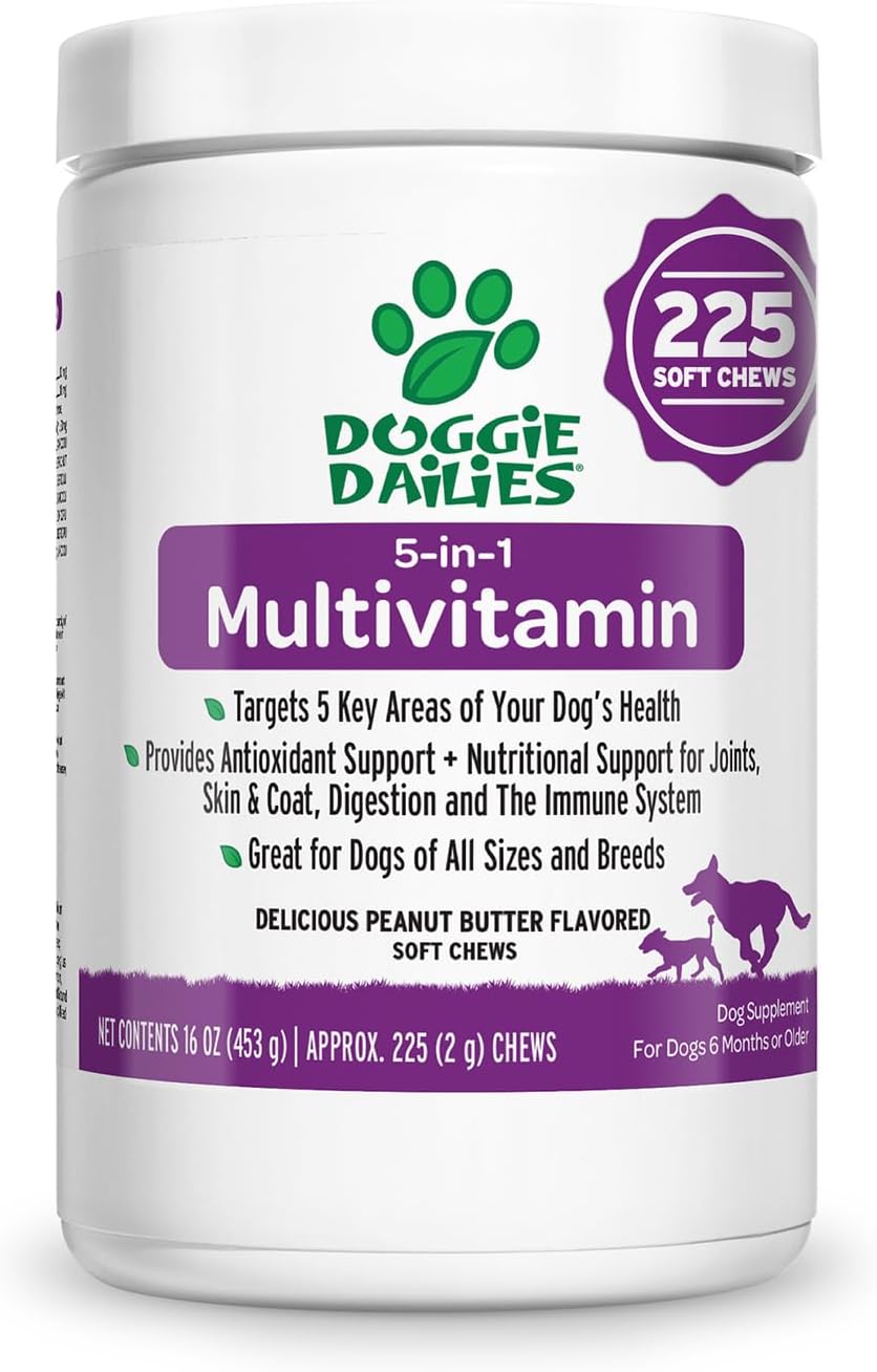 Doggie Dailies 5 in 1 Multivitamin for Dogs, Dog Multivitamin for Skin and Coat Health, Joint Health, Improved Digestion, Antioxidants, Support a Healthy Immune System (Peanut Butter) 225 Soft Chews