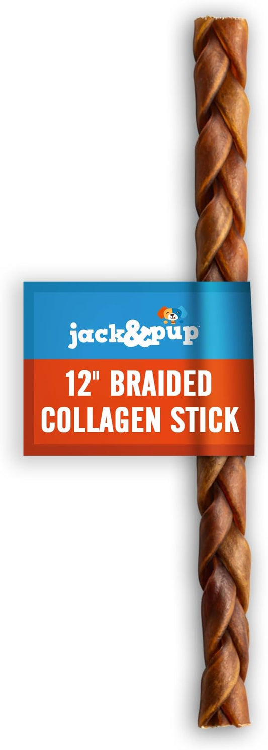Jack&Pup 12" Braided Beef Collagen Sticks for Dogs - Rawhide Free Dog Chews Long Lasting Collagen Chews for Dogs - Bully Sticks Alternative (1 Pack)