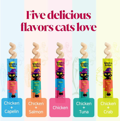 Witch's Recipe Lickable Cat Treats, Creamy Squeezable Puree, Grain-Free, 100 Tubes, Chicken Tuna Salmon goatmilk Capelin Flavors 0.5oz Each Tube