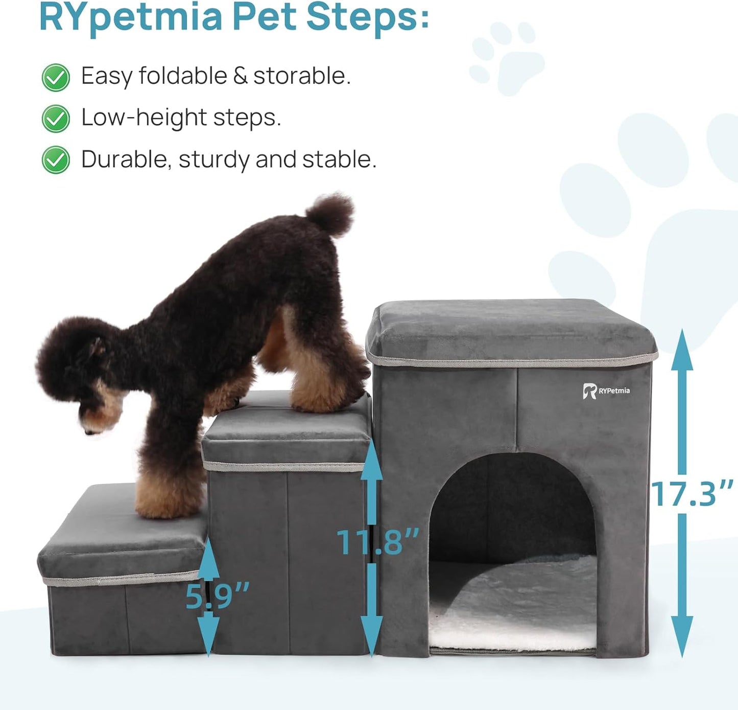 Foldable Pet Stairs for Beds & Sofas - Non-Slip Dog Steps with Storage for Small to Medium Dogs & Cats, Supports up to 120 lbs - Durable 2 & 3-Step Doggie Ladder for Easy Access - Pawvie