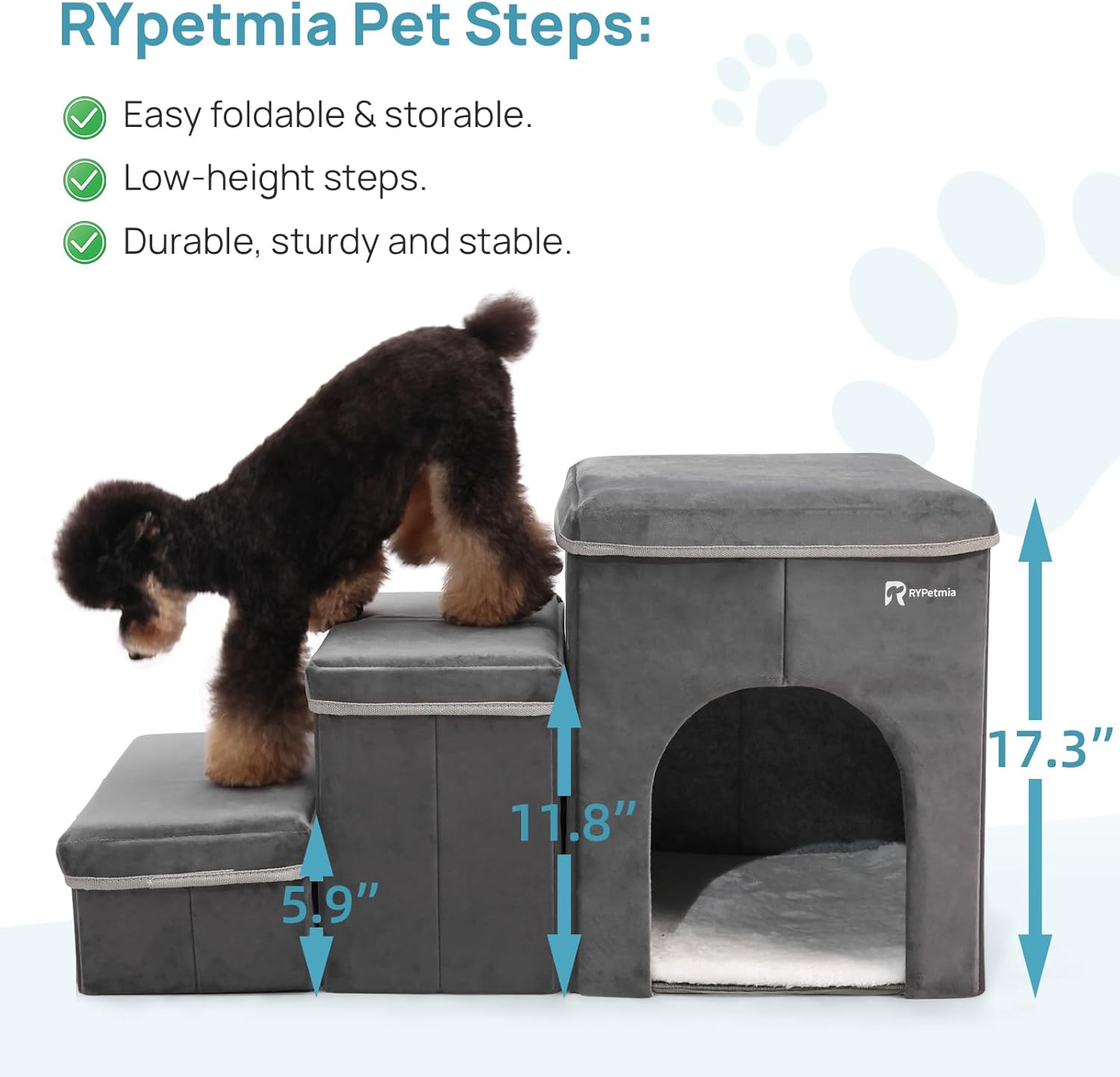 Foldable Pet Stairs for Beds & Sofas - Non-Slip Dog Steps with Storage for Small to Medium Dogs & Cats, Supports up to 120 lbs - Durable 2 & 3-Step Doggie Ladder for Easy Access - Pawvie