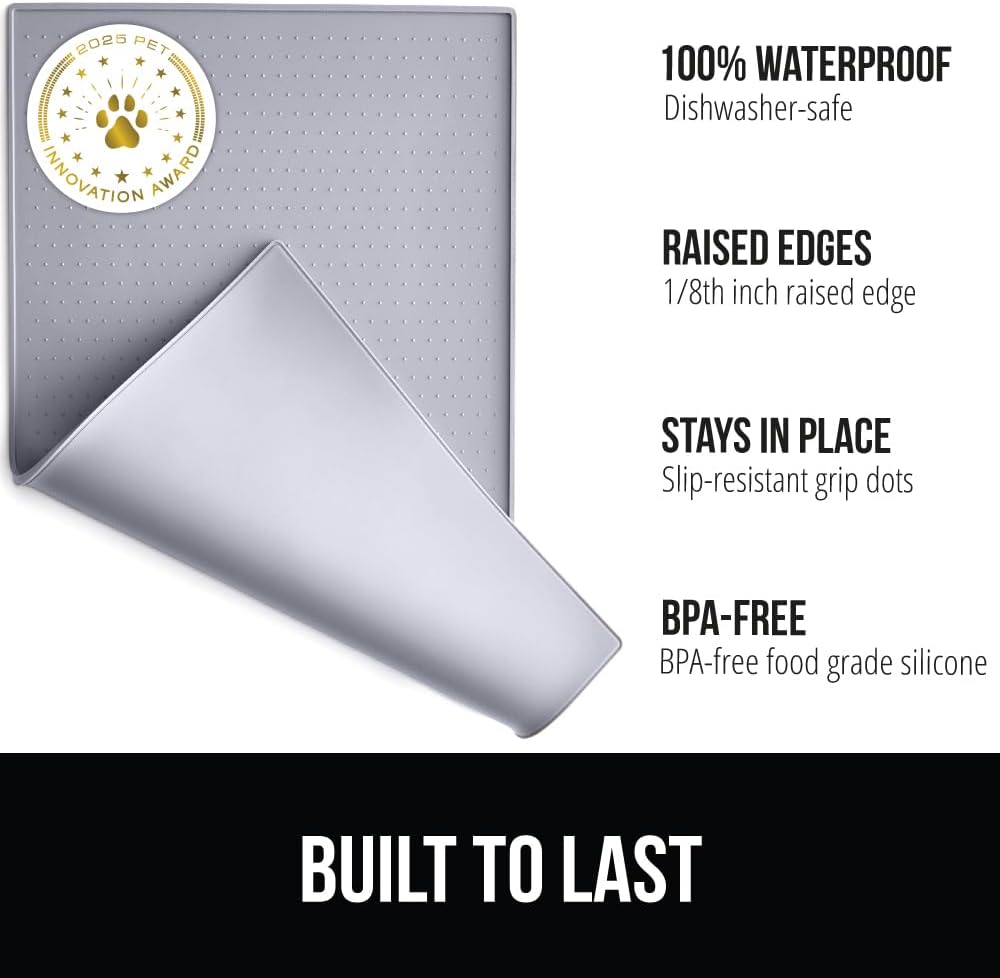 GORILLA GRIP 100% Waterproof Raised Edge BPA Free Silicone Pet Feeding Mat, Dog Cat Food Mats Contain Spills Protects Floors, Placemats for Cats, Dogs Water Bowl, Pets Accessories 16x10, Light Gray