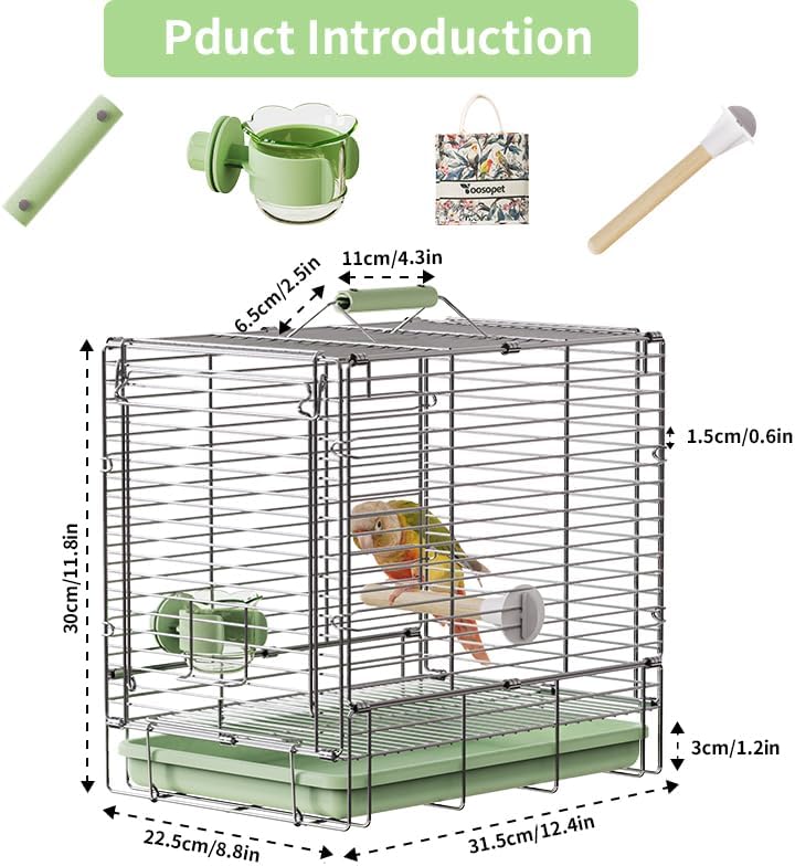 Bird Carrier Travel Cage - 304 Stainless Steel Portable Folding Bird Travel Cage with Parrot Feeder Cups & Standing Perch for Smaller Birds Conures Lovebird Cockatiel Parakeets (Green)