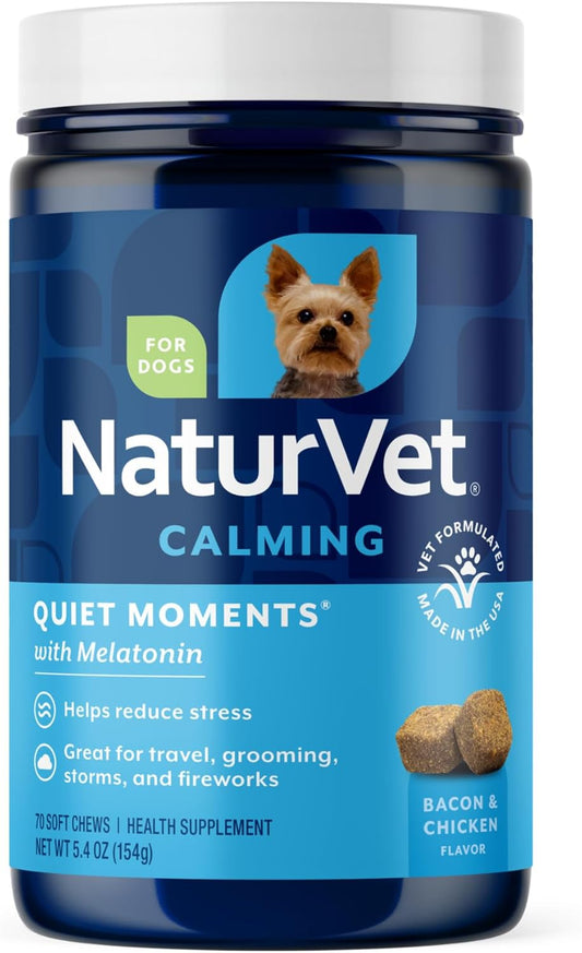 NaturVet Quiet Moments Calming Dog Supplement, Dog Soft Chews with Melatonin to Help Reduce Stress from Storms, The Vet, Fireworks, and Travel, Bacon and Chicken Flavored Pet Supplement, 70 Count Jar