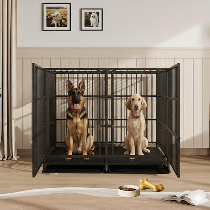 54 Inch Heavy Duty Dog Crate Cage with Divider, Indestructible and Escape Proof Steel Kennel Indoor for 2 High Anxiety Dogs with Sturdy Locks, Double Door and Tray, Extra Large XL XXL