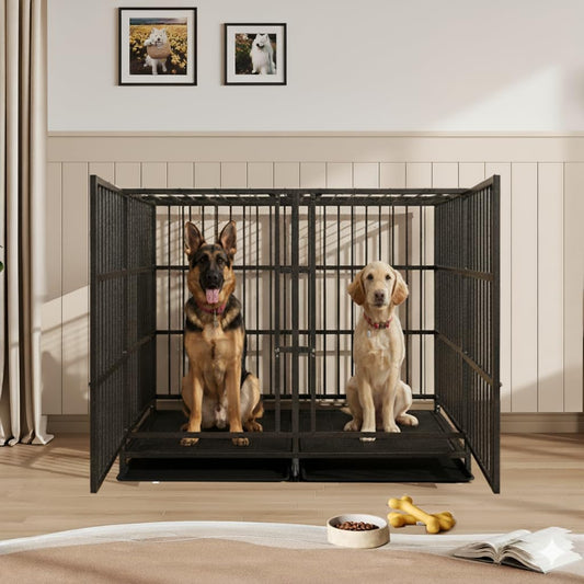 54 Inch Heavy Duty Dog Crate Cage with Divider, Indestructible and Escape Proof Steel Kennel Indoor for 2 High Anxiety Dogs with Sturdy Locks, Double Door and Tray, Extra Large XL XXL