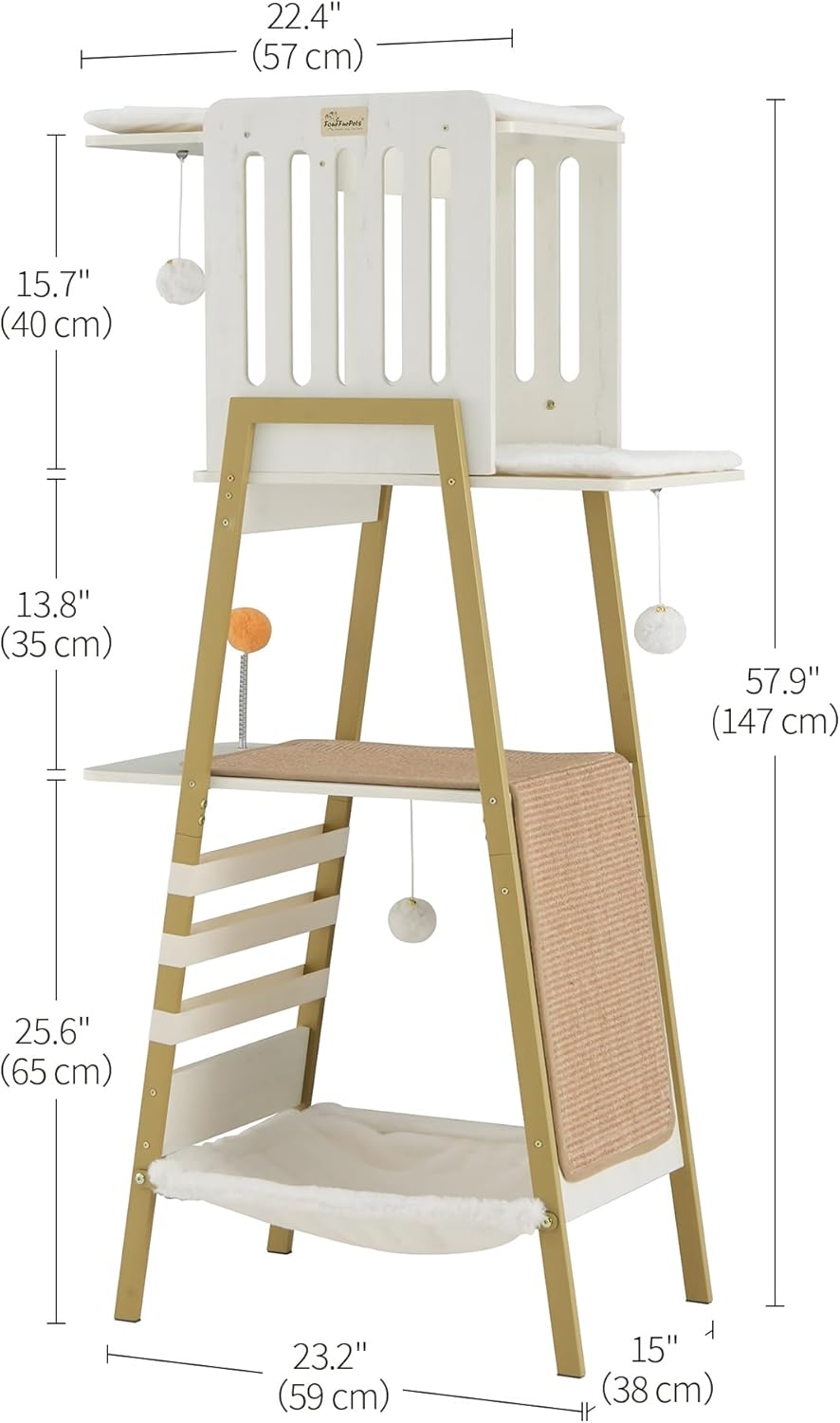 FourFurPets Modern Cat Tree, 58-Inch Cat Tower for Large Cats, Maine Coon Cat Tree with Scratching Board, Large Perch, Hammock and Removable Pads, White