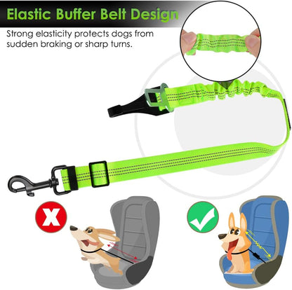 SlowTon Dog Seat Belt, Adjustable Dog Safety Belt Leash, 2 in 1 Latch Bar Attachment Dog Car Seatbelt with Elastic Nylon Bungee Buffer, Reflective Nylon Belt Tether (Lime)