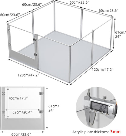 Dog Clear Playpen Fence Kennel: Pet Indoor Heavy Duty Whelping Box Pen Cage with Waterproof whelping pad - Small Animal Acrylic Exercise Kennel Pen with Metal Frame for Cats Puppy Rabbits Guinea Pig