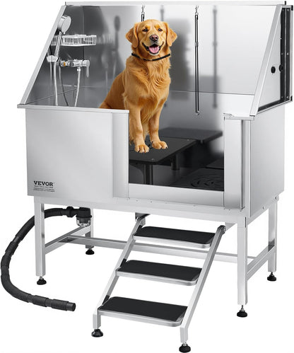 VEVOR Stainless Steel Dog Washing Station, 50 inch Pet Grooming Tub w/Stairs, PE Water Filter Board, Faucet & Showerhead & Soap Holder Dog Bathtub for Large & Medium & Small Pets (Right Door)