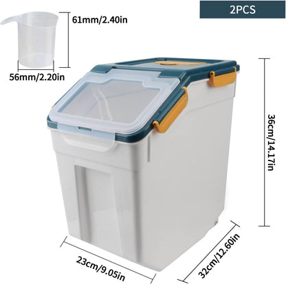 AnRui Airtight Flour Storage Container 25lb, Plastic Grain Storage Bucket, Rice Cereal Dispenser Organizer Box with Lid, Cat Dog Food Storage Bin with Measuring Cup, Scoop, Wheels, 2Pcs Blue