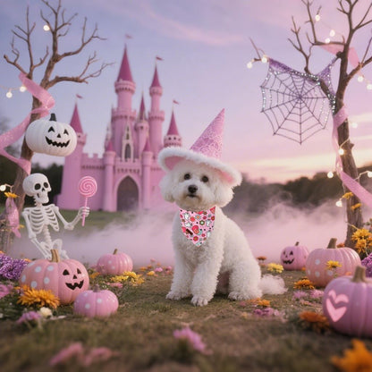 Lionet Paws Halloween Dog Bandana Washable Cotton Handkerchief Scarf Triangle Flower Ghost Pink Bandanas for Small Medium Dogs Girl