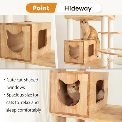 74.8" Wooden Cat Tree Tower for Large Cats, Multi-Level Cat Climbing Furniture with Scratching Posts, Cat Condo & Hammock, Natural Wood Cat Activity Center (White)
