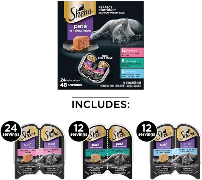 Sheba Perfect Portions Wet Cat Food Pate with Sustainable Salmon, Signature Seafood Entree, and Tender White Fish and Tuna Entree Variety Pack, 2.6 oz. Twin Pack Trays (24 Count, 48 Servings)