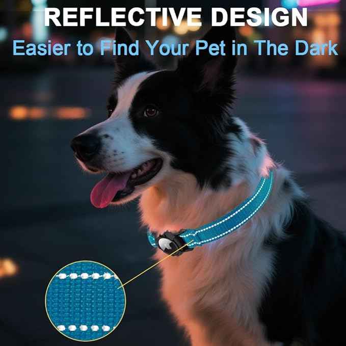 Airtag Dog Collar with Waterproof Air Tag Holder, Integrated Reflective Pet Collar with Soft Padding, Adjustable Nylon Collar for Small Medium Large Dogs, Blue, XS (9.5"-11.8")