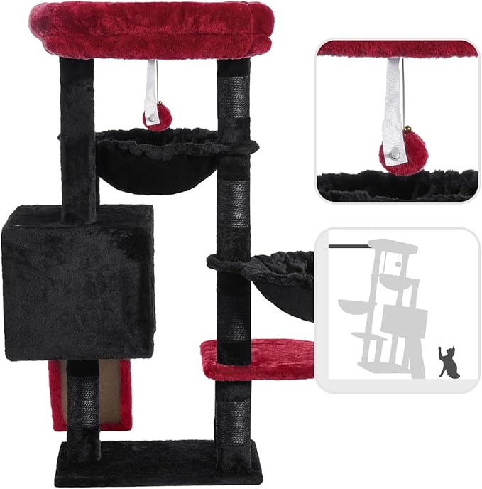 Hey-brother Gothic Cat Tree, Cat Tower for Indoor Cats, Cat House with Large Padded Bed, Cozy Condo, Hammocks, Sisal Scratching Posts, Big Scratcher, Black and Red MPJ006SBR