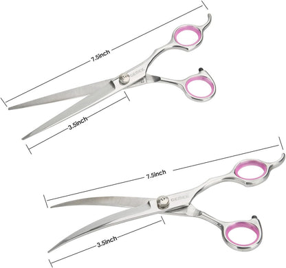 GEMEK Pet Cat Dog Grooming Scissors Set 4 Pieces Stainless Steel Professional Pet Trimmer Kit - 7.5 inch Straight Cutting, Thinning Shears, Curved, Grooming Combs