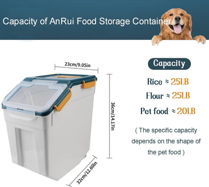 AnRui Dog Food Storage Container with Scoop, Large Airtight Plastic Pet Dog Cat Dry Food Bin, Cereal Grain Organizer Box for Rice, Flour, Snack, Baking Supplies, Kitchen Pantry, Blue