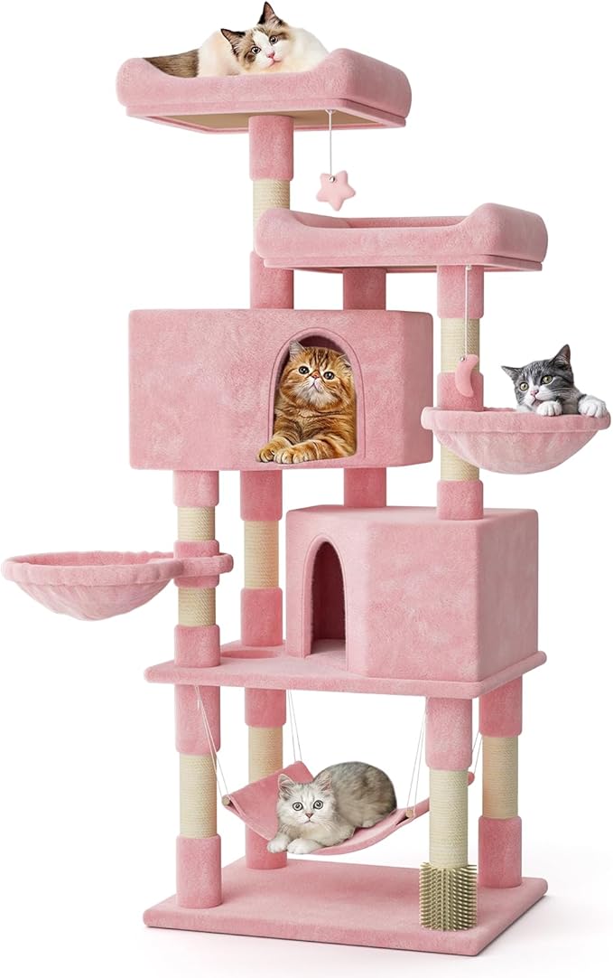 MoNiBloom 58 Inch Cat Tree Tower for Indoor Cats Large Adults, Pink Cat Tower with Scratching Post & Hammock, Pet Play House with Cat Condo, Soft Pink