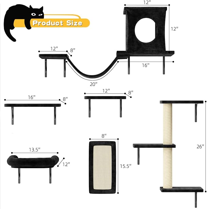 NUNU LAB Wall Mounted Cat Wall Shelves, 12-in-1 Cat Wall Climber with Condos House, Scratching Post, Bridge Ladder, Indoor Space-Saving Furniture for Kittens Play, Black